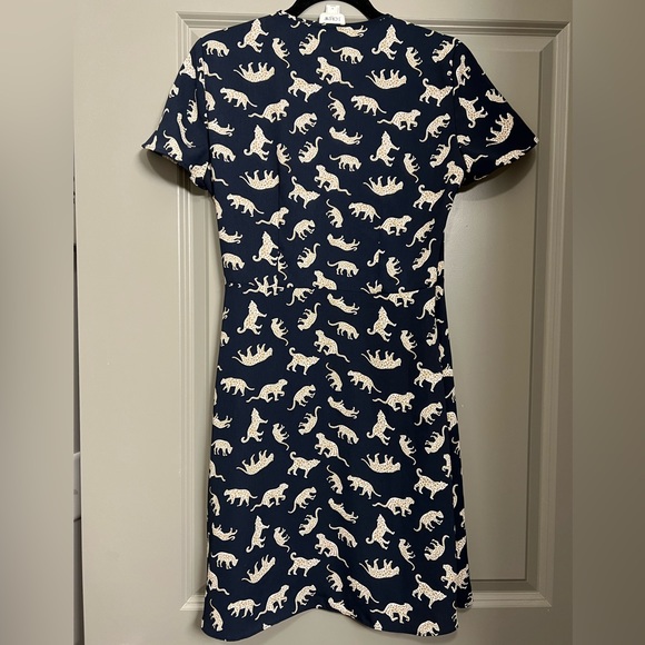 J Crew Factory Leopard Cheetah Wrap Dress Navy Blue Like New - Picture 5 of 6